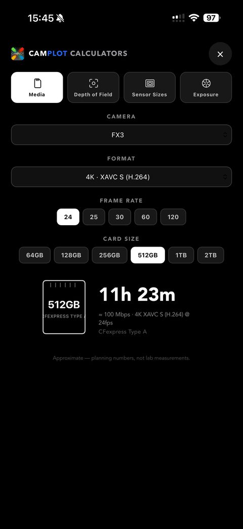 CamPlot tools for media, depth of field, exposure, and sensor sizes