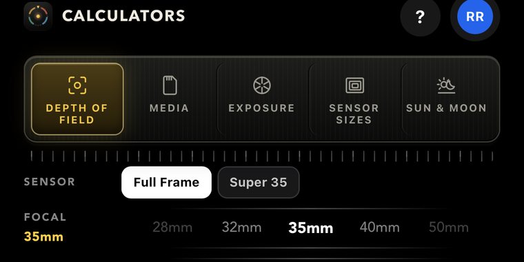 CamPlot Calculators showing depth of field, media, exposure, sensor size, and Sun and Moon tools