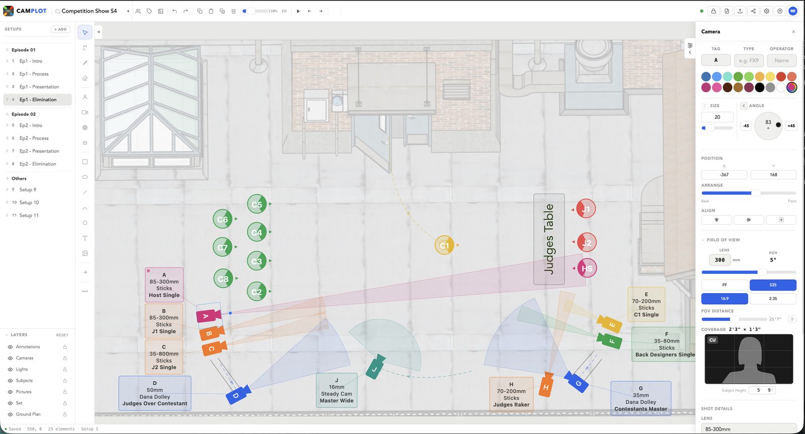 CamPlot multicamera plan with cameras, subjects, lens coverage, and movement paths
