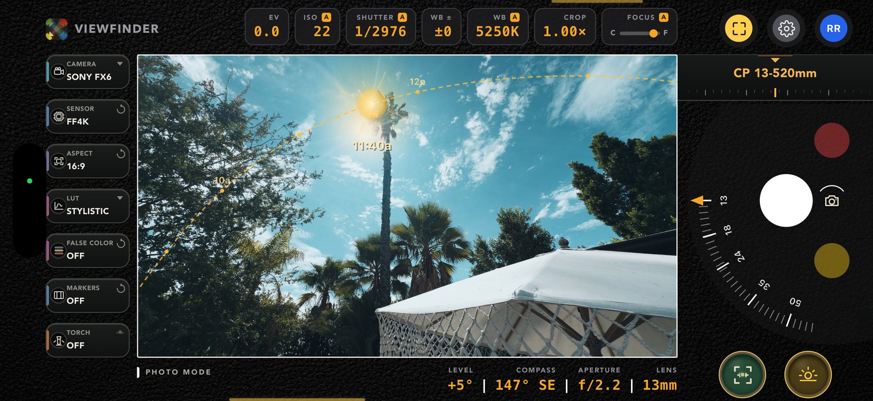 CamPlot Director’s Viewfinder with a Sony FX6 frame and sun path overlay